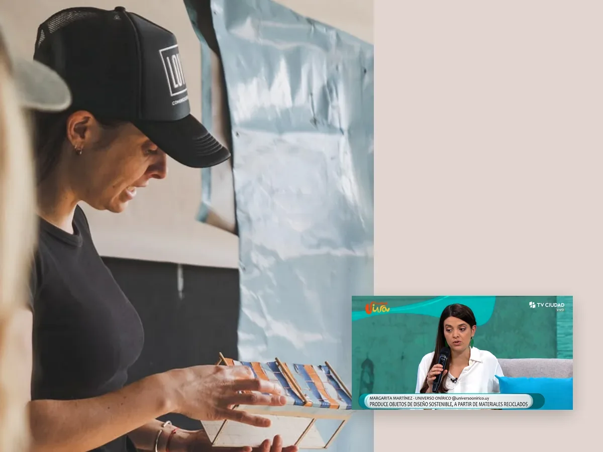 Margarita Martínez muestra una pieza durante un taller de ONÍRICA; a la derecha, captura de la entrevista en Ciudad Viva, de TV Ciudad, con el zócalo Margarita Martínez, Universo Onírico