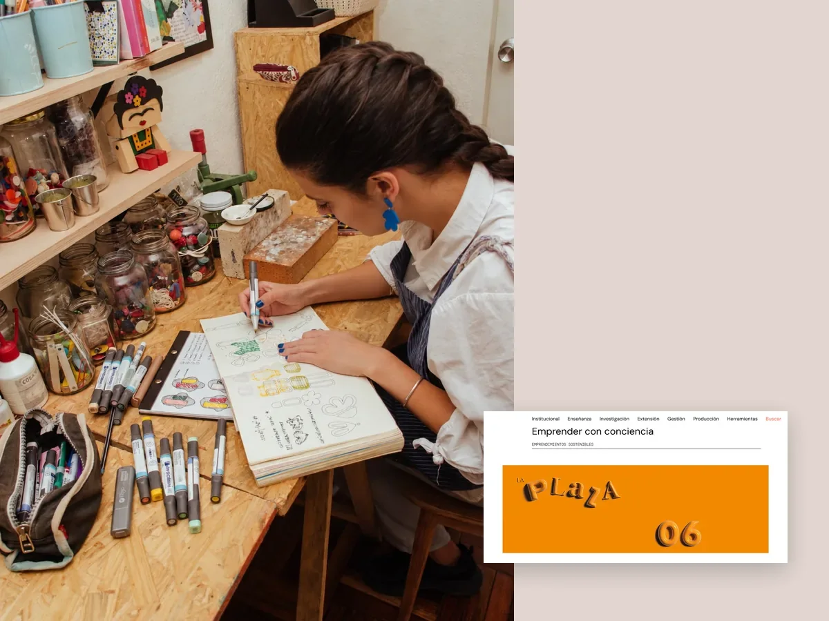 Margarita Martínez dibuja diseños de caravanas en su cuaderno; a la derecha, captura de la nota Emprender con conciencia en el sitio de FADU