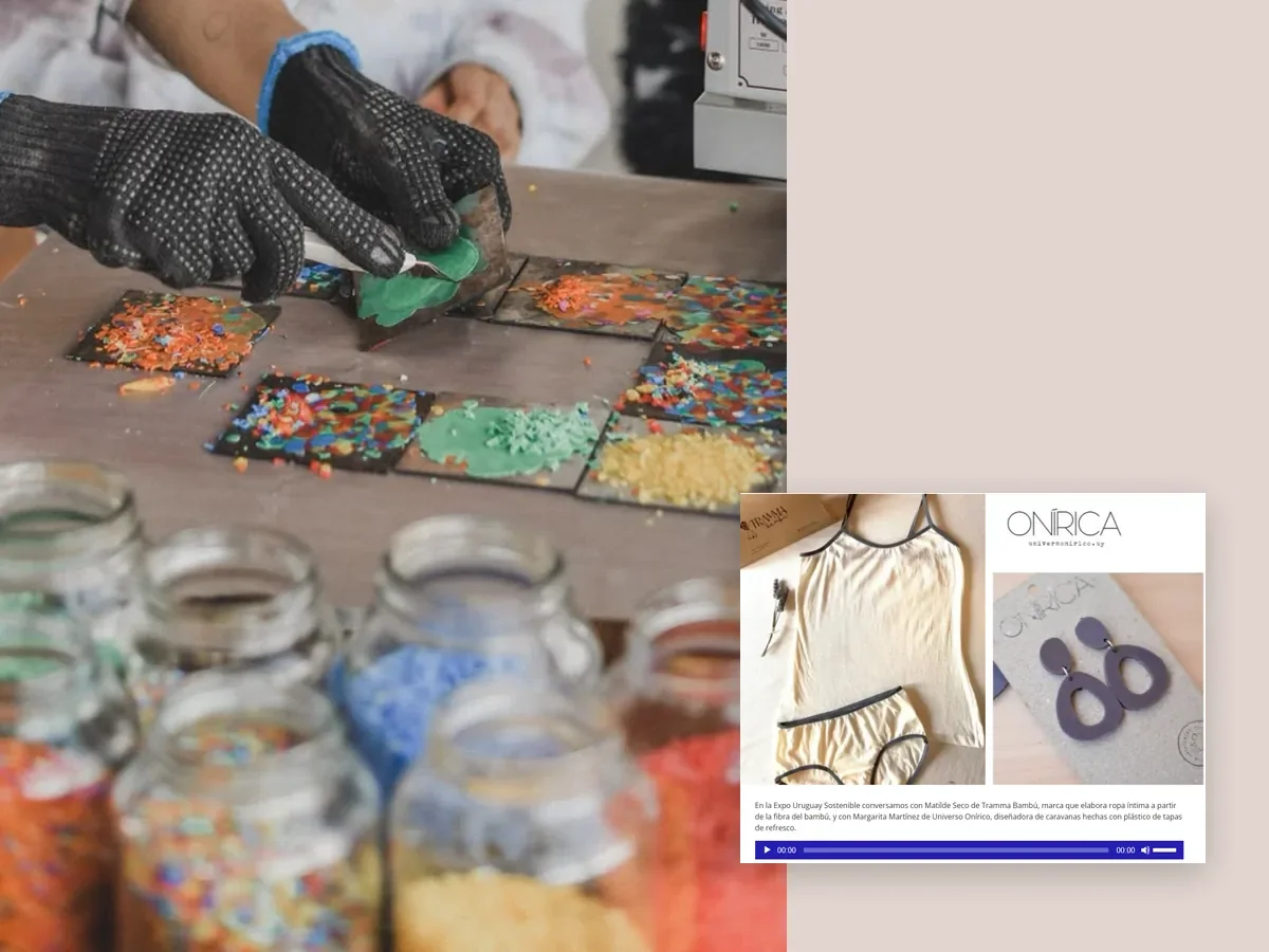 Manos con guantes trabajan plástico recuperado de colores sobre moldes, junto a frascos de material triturado; a la derecha, captura de la nota Vestirse con ingenio y conciencia en Medios Públicos