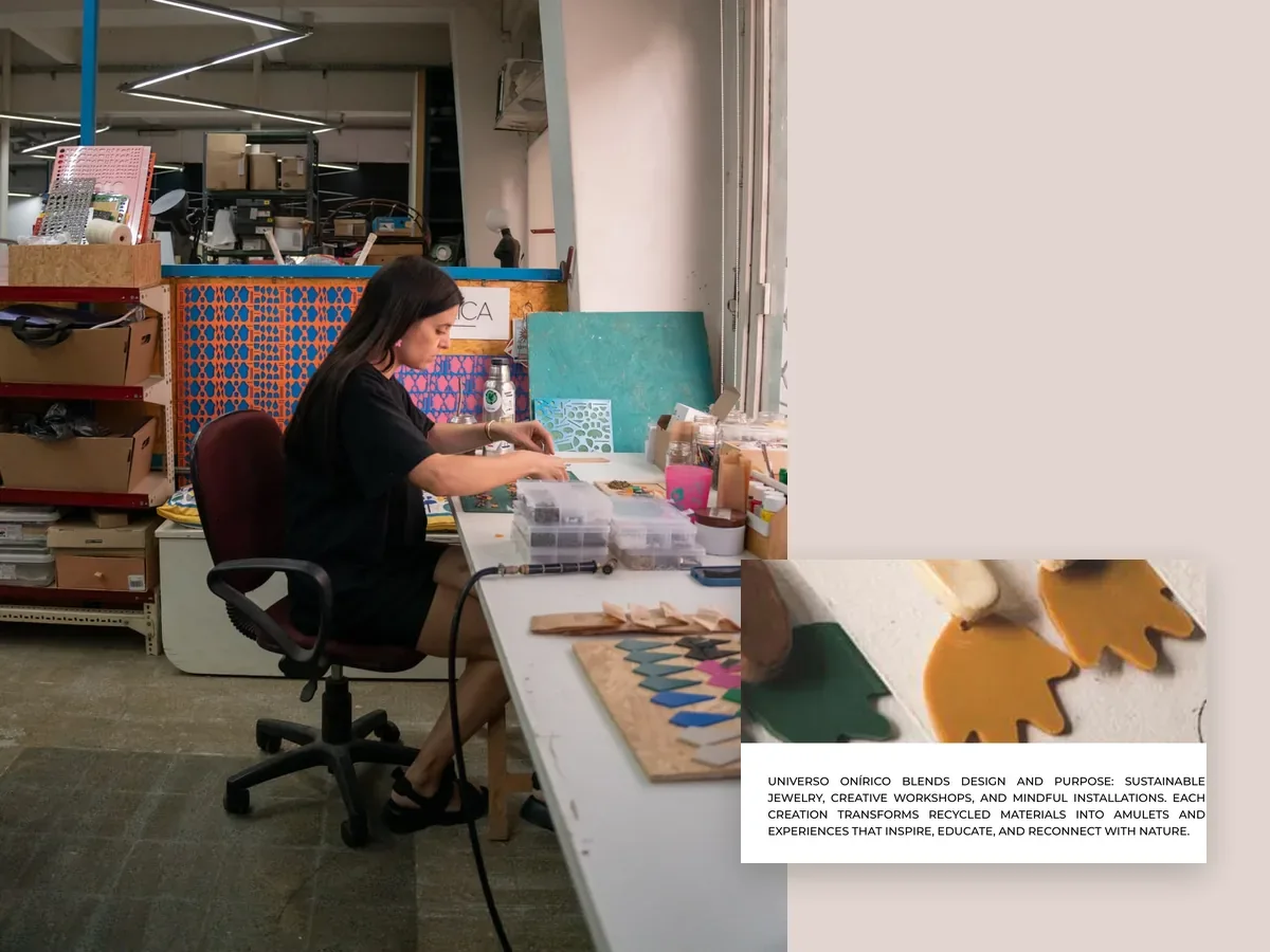 Margarita Martínez trabaja en su mesa, rodeada de piezas y materiales; a la derecha, captura de la ficha de Universo Onírico en la página 37 del catálogo de Uruguay XXI