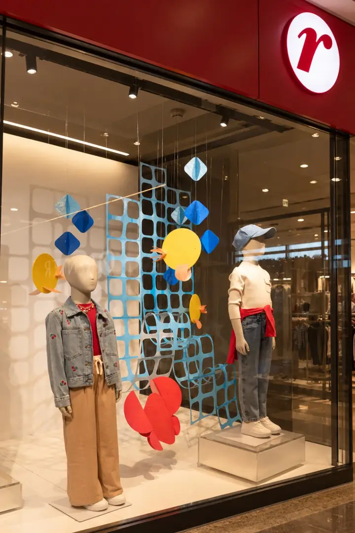 Vidriera de Renner terminada, con piezas de diseño circular azules, amarillas y rojas junto a maniquíes