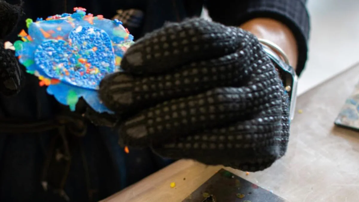 Manos con guantes despegan una pieza con forma de corazón hecha con plástico reciclado fundido
